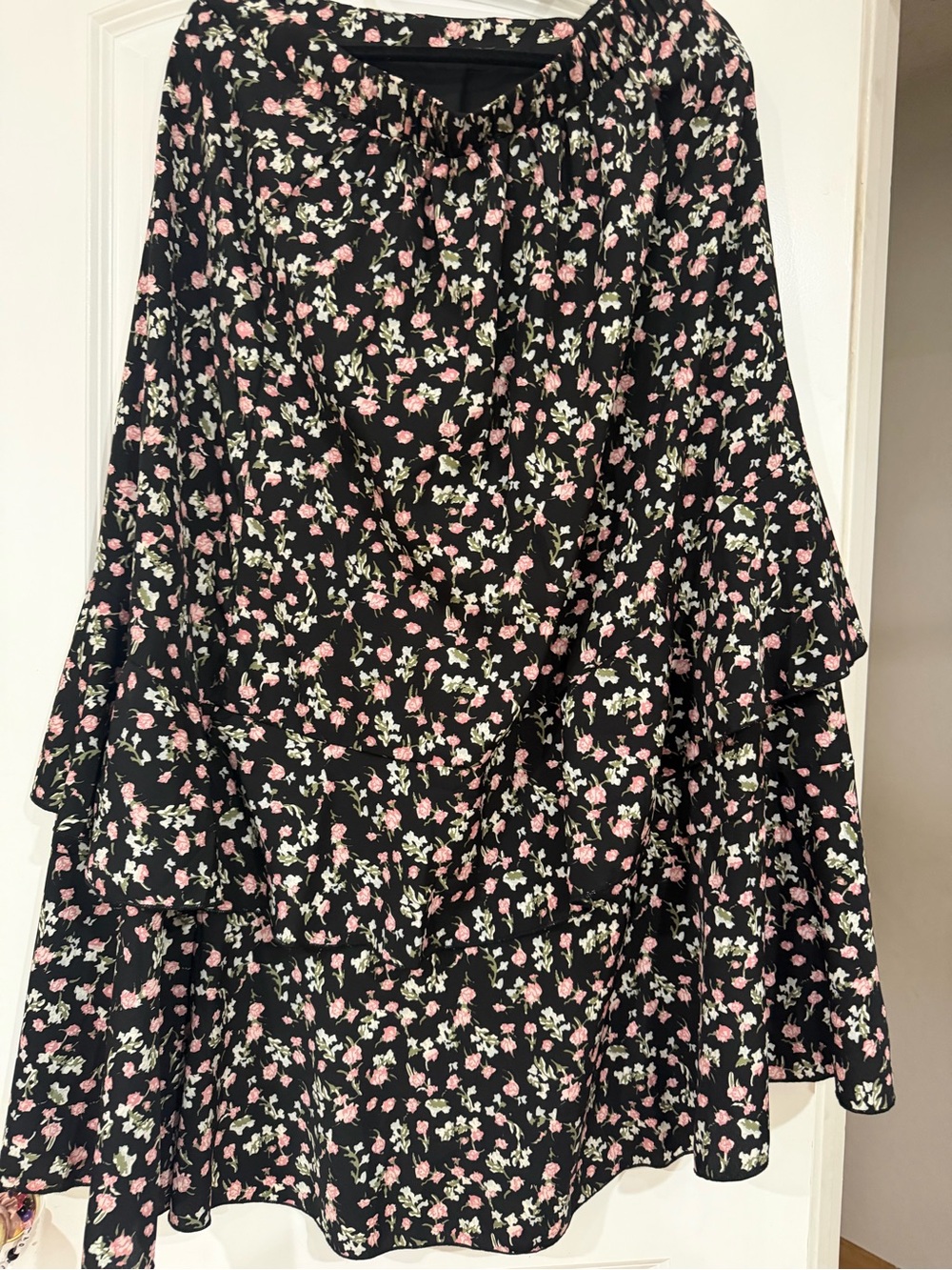 Women’s Black Floral Tiered Skirt with Pink & Cream Flowers